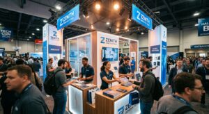 דוכן תצוגה של חברת Zenith Innovations בכנס טכנולוגי Tech Con 2024, בו נראים נציגי החברה משוחחים ומחלקים עלונים למבקרים בתערוכה
